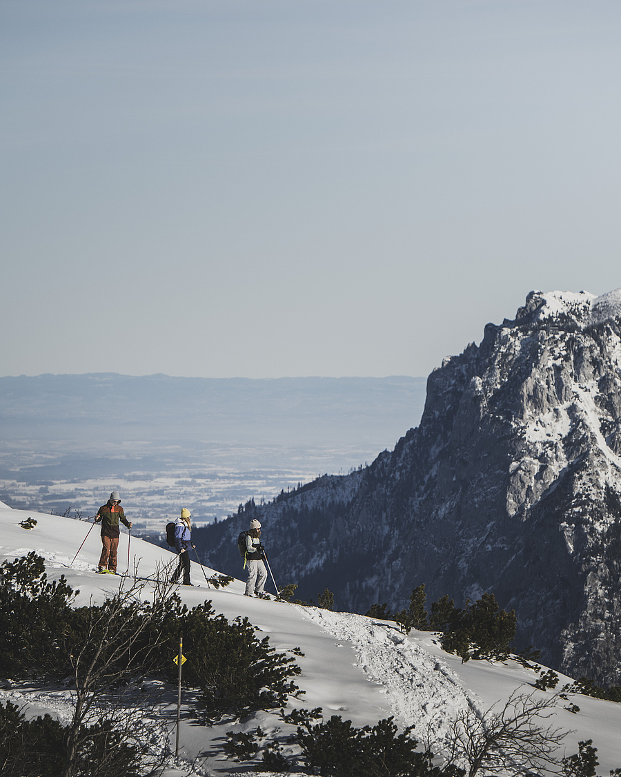 Drei Gäste mit Schneeschuhen wandern in den Bergen, mit dem Traunstein im Hintergrund