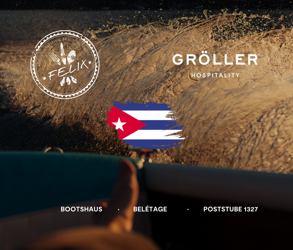 Verschwommenes Boot mit goldenen Wellen im Hintergrund, im Vordergrund das „Felix 2025“-Logo, das Hotellogo und die Namen der drei Restaurants: Bootshaus, Beletage, Poststube