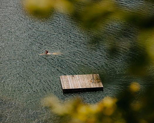 Person schwimmt im Traunsee, in der Mitte eine Holz-Badeinsel mit Leiter, die Hälfte vom Bild ist verdeckt mit grünen Blättern
